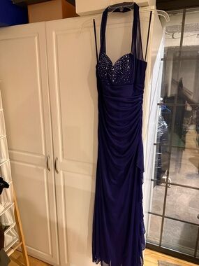 Blondie Nites Purplish Blue Halter Maxi Dress with Rhinestone Bodice